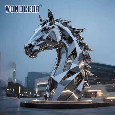 Extra Large Light Luxury Abstract Geometric Faceted Mirror Stainless Steel Horse Head Sculpture, Urban Landmark Landscape Art Statue For Outdoor Commercial Plaza